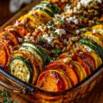 Layered Sweet Potato, Butternut Squash, Carrot & Zucchini Lasagna with Feta, Walnuts & Cranberry-Honey Glaze