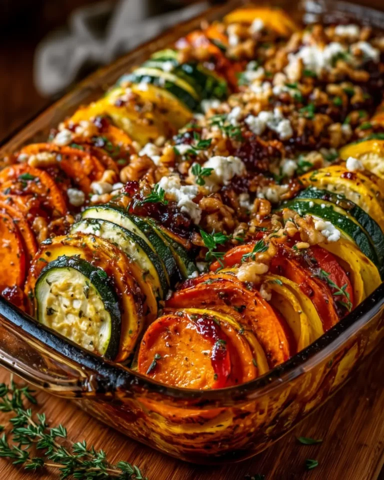 Layered Sweet Potato, Butternut Squash, Carrot & Zucchini Lasagna with Feta, Walnuts & Cranberry-Honey Glaze