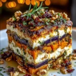 Layered Sweet Potato & Eggplant Lasagna with Whipped Feta, Walnuts & Cranberry Honey Drizzle