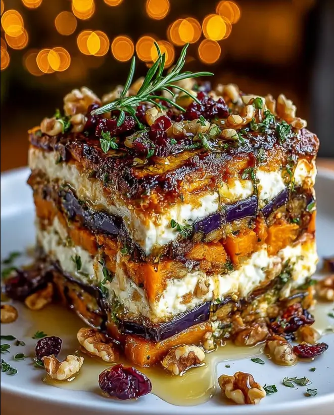 Layered Sweet Potato & Eggplant Lasagna with Whipped Feta, Walnuts & Cranberry Honey Drizzle