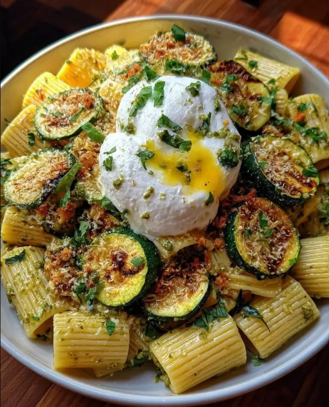 Lemon Pesto Rigatoni with Burrata and Roasted Zucchini