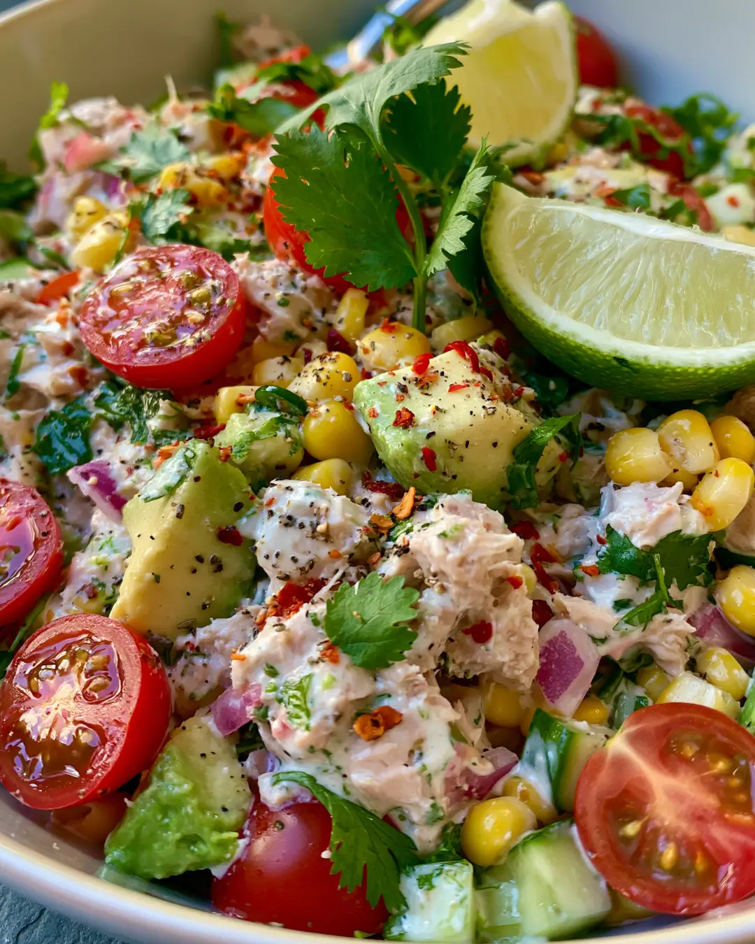 Loaded Avocado Tuna Salad with Sweet Corn, Cherry Tomatoes & Creamy Lime Dressing