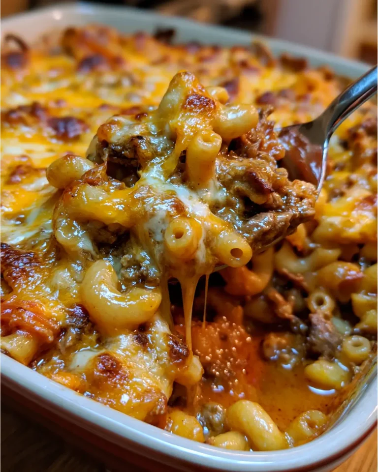 Loaded Beef & Cheese Macaroni Casserole with Crispy Cheddar Topping