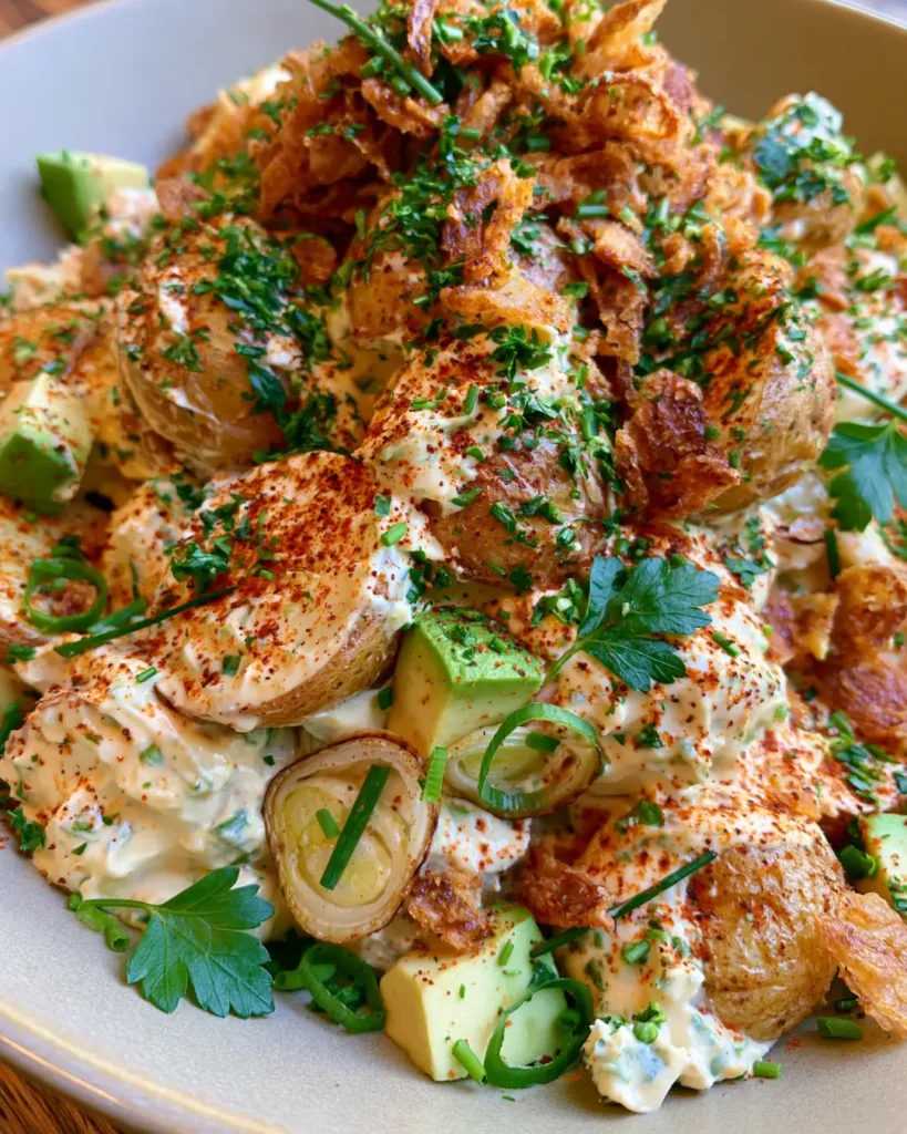 Loaded Creamy Potato Salad with Ranch, Avocado, Spring Onion & Crispy Onions