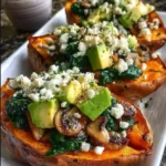 Loaded Crispy Sweet Potatoes with Whipped Feta, Sautéed Spinach, Mushrooms & Avocado