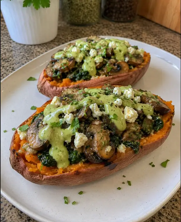 Loaded Sweet Potatoes with Garlic Mushrooms, Spinach, Feta & Creamy Avocado Sauce