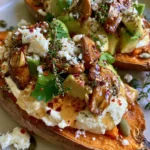 Loaded Sweet Potatoes with Whipped Feta, Avocado, Garlic Mushrooms & Hot Honey