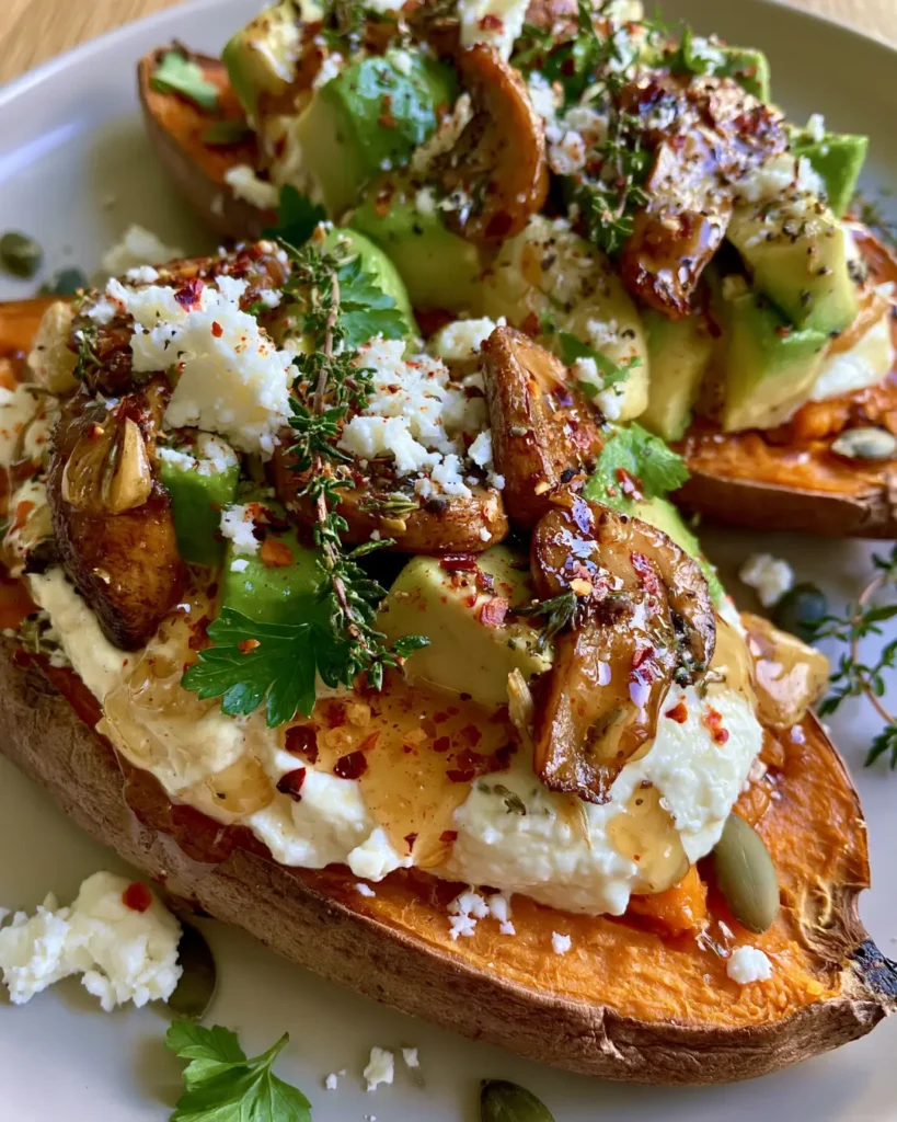 Loaded Sweet Potatoes with Whipped Feta, Avocado, Garlic Mushrooms & Hot Honey