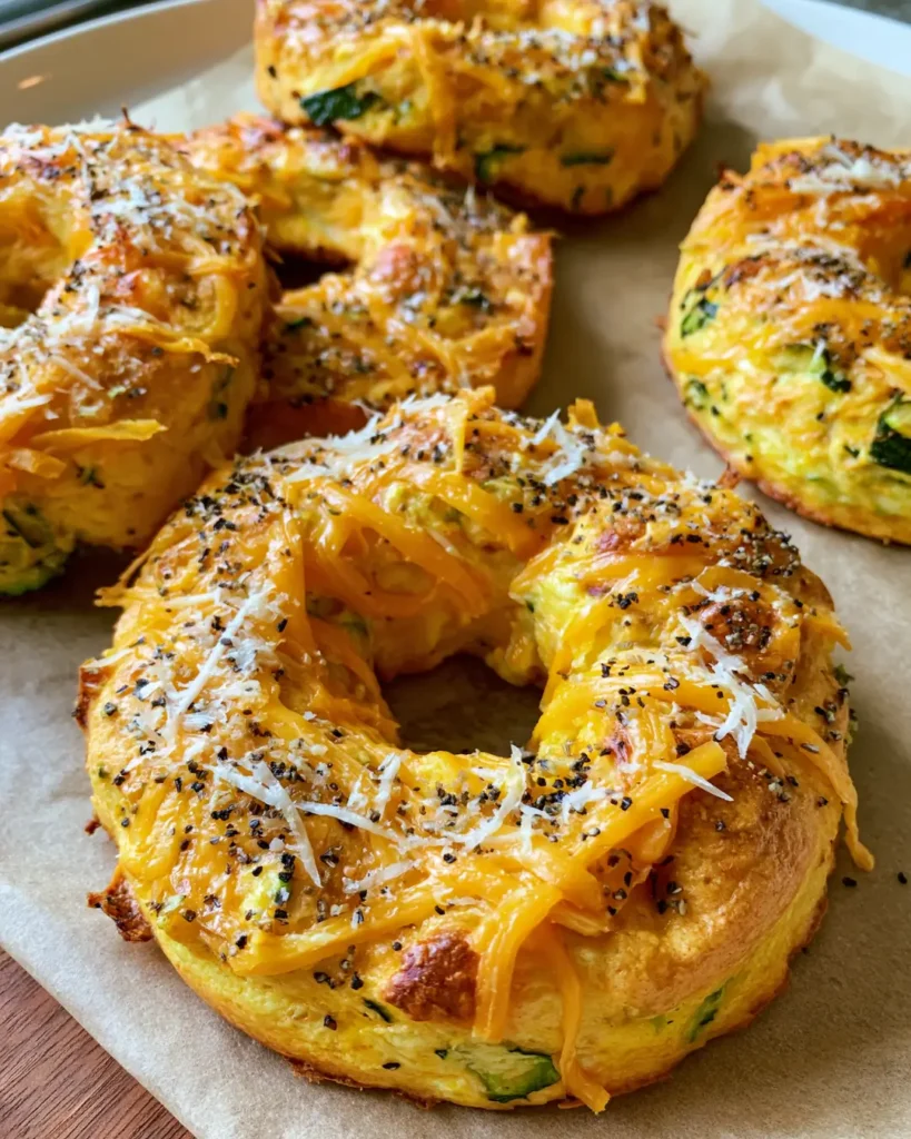 Low-Carb Zucchini Bagels with Cheddar, Parmesan & Everything Seasoning