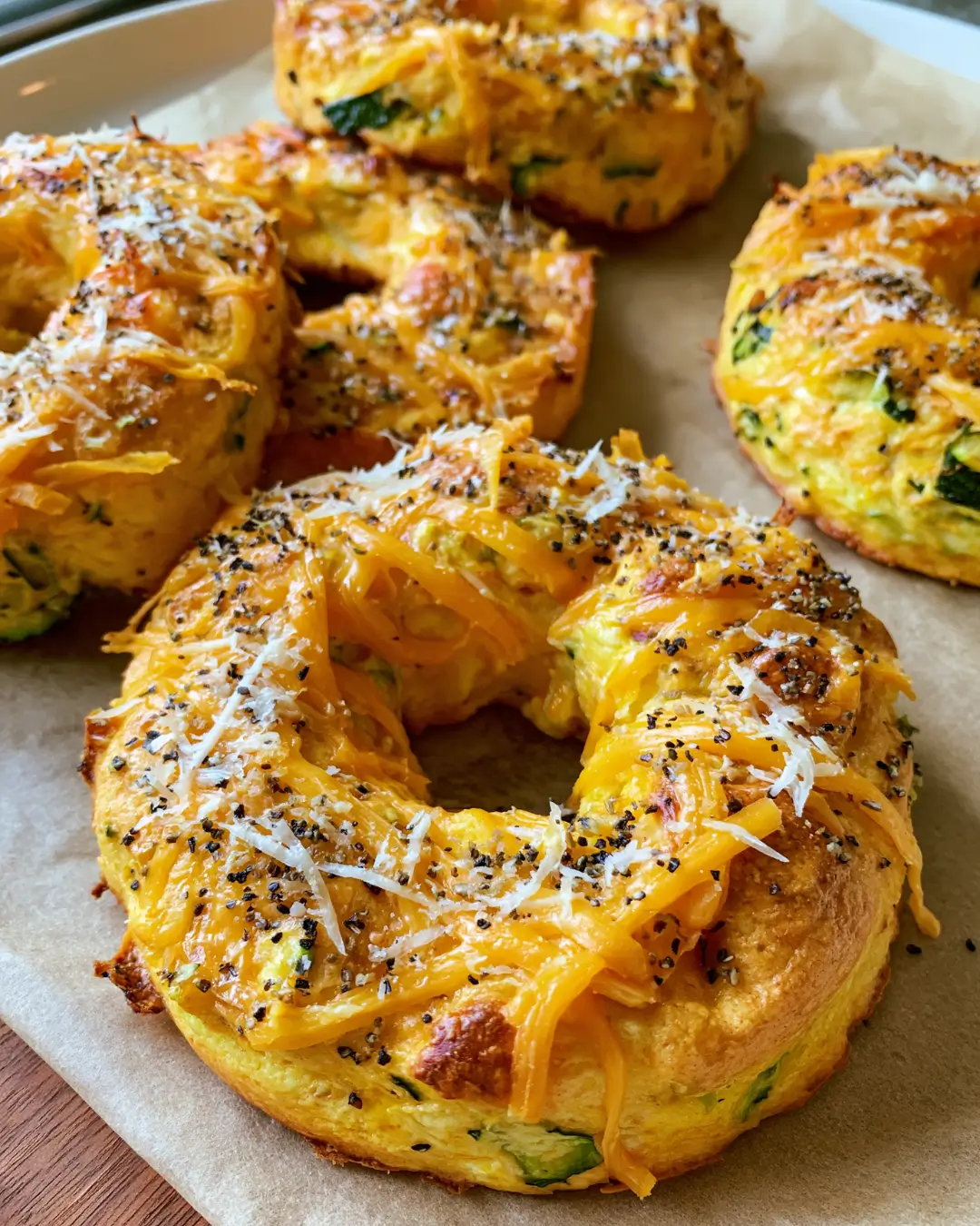 Low-Carb Zucchini Bagels with Cheddar, Parmesan & Everything Seasoning