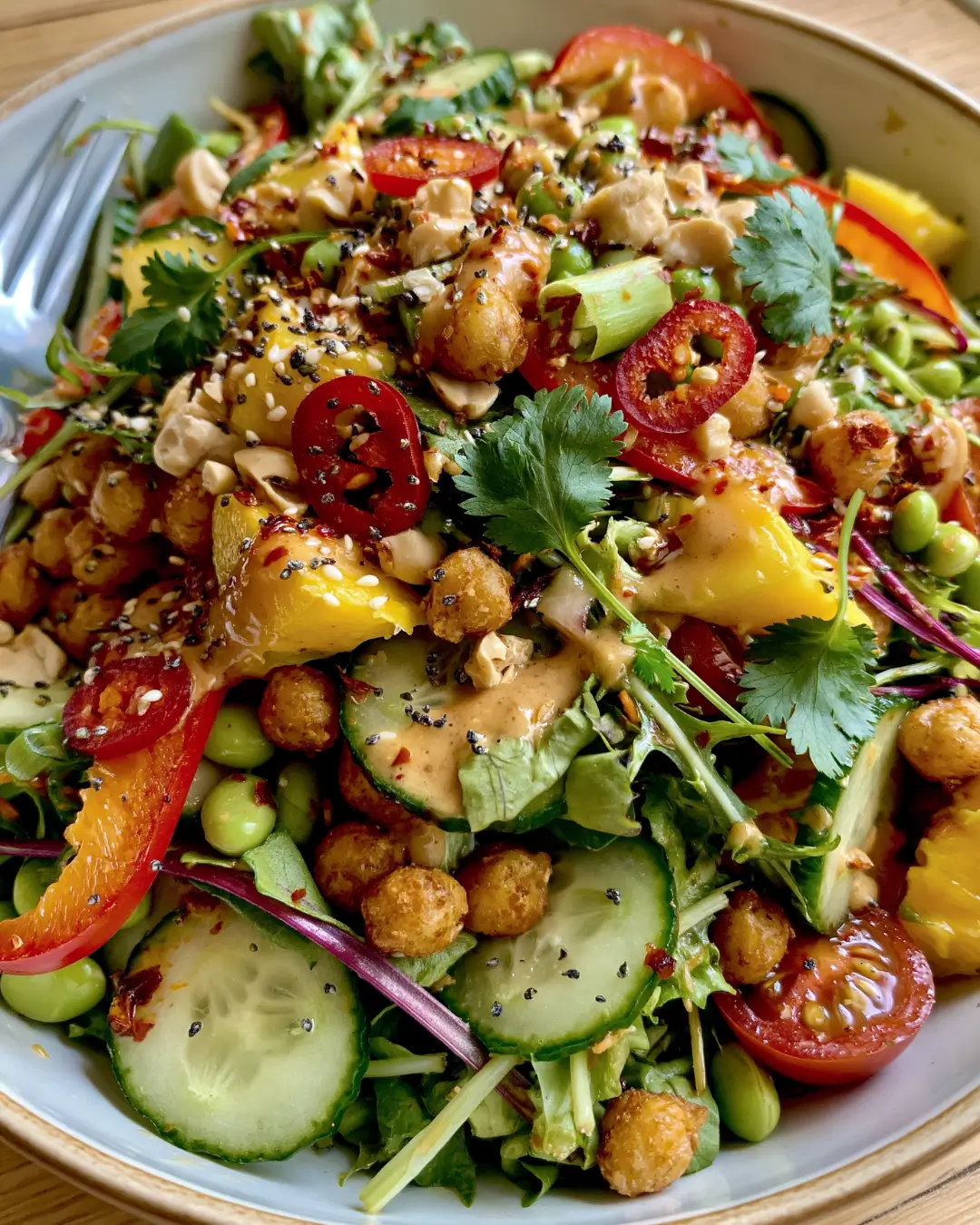 Magic Thai Crunch Salad with Crispy Chickpeas, Cucumber, Mango & Creamy Peanut-Lime Dressing