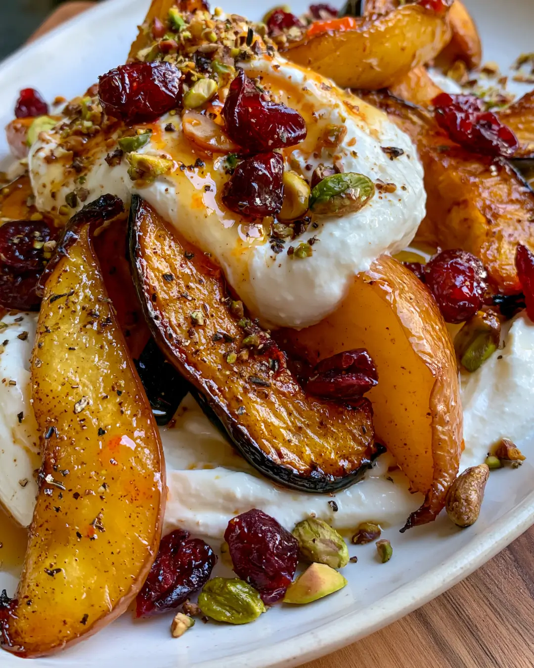 Maple-Roasted Acorn Squash & Pear with Burrata, Cranberries, Pistachios & Hot Honey
