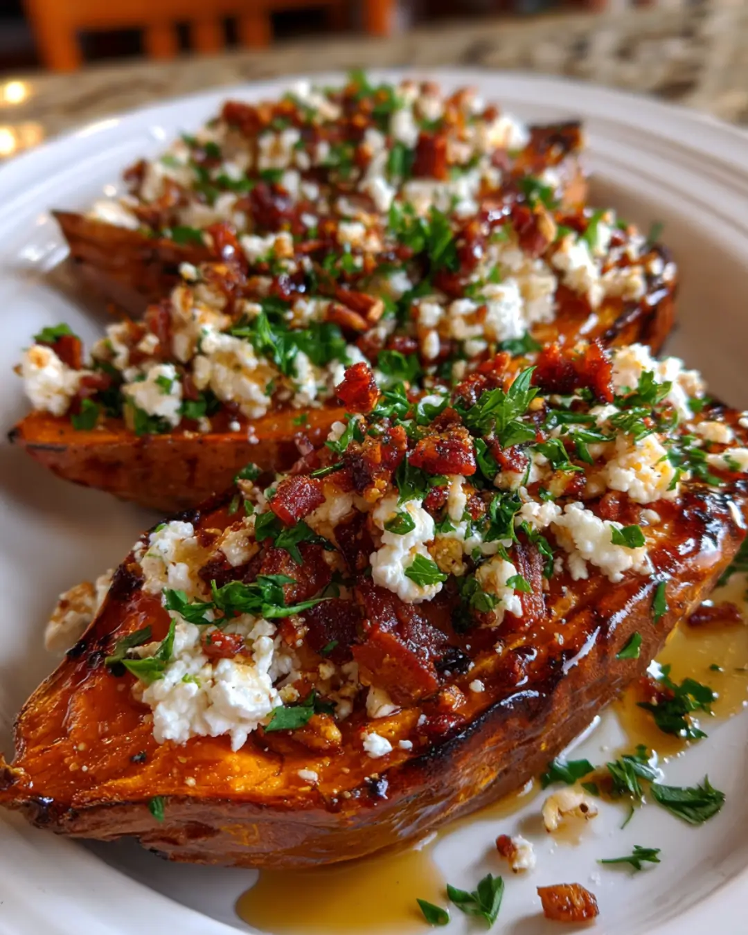 Maple-Roasted Sweet Potato Boats with Whipped Feta and Hot Honey