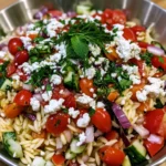 Mediterranean Orzo Pasta Salad with Feta, Tomatoes, Cucumber & Fresh Herbs
