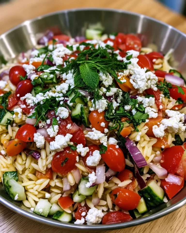 Mediterranean Orzo Pasta Salad with Feta, Tomatoes, Cucumber & Fresh Herbs