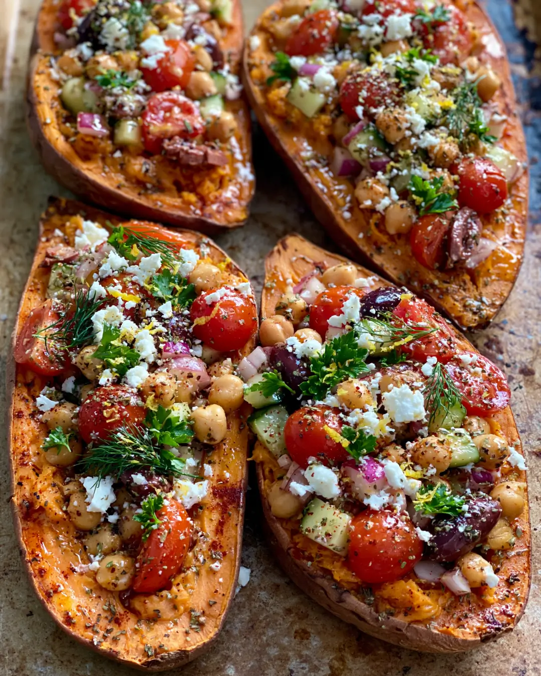 Mediterranean Sweet Potato Boats with Chickpea Salad and Feta