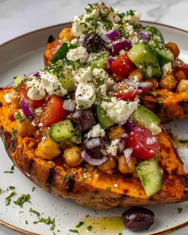 Mediterranean Sweet Potato Boats with Chickpea Salad and Feta