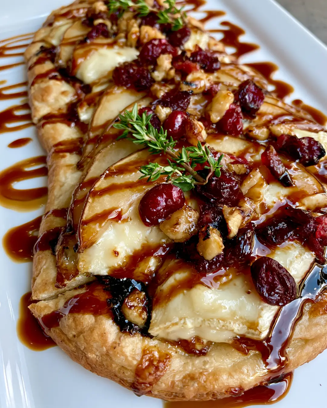 Pear, Brie & Cranberry Flatbread with Fig Jam & Balsamic Glaze