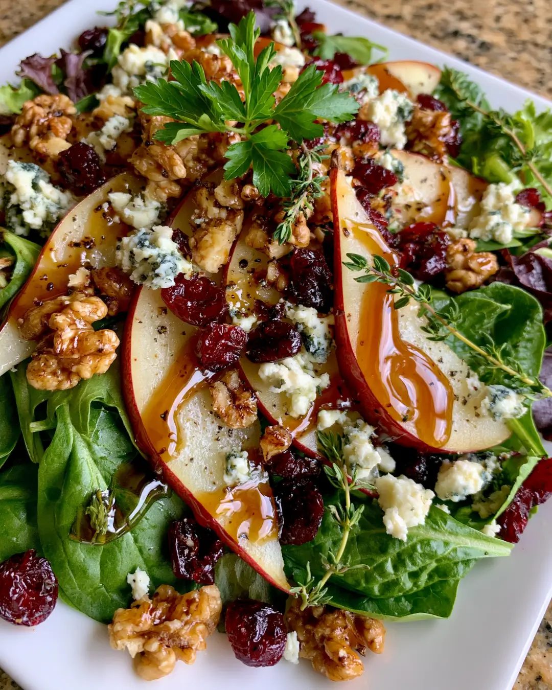 Pear, Cranberry & Walnut Salad with Blue Cheese and Honey Balsamic Glaze