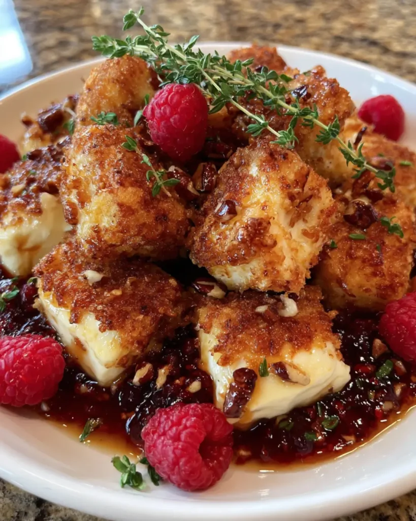 Pecan-Crusted Brie Bites with Raspberry Chili Honey Glaze