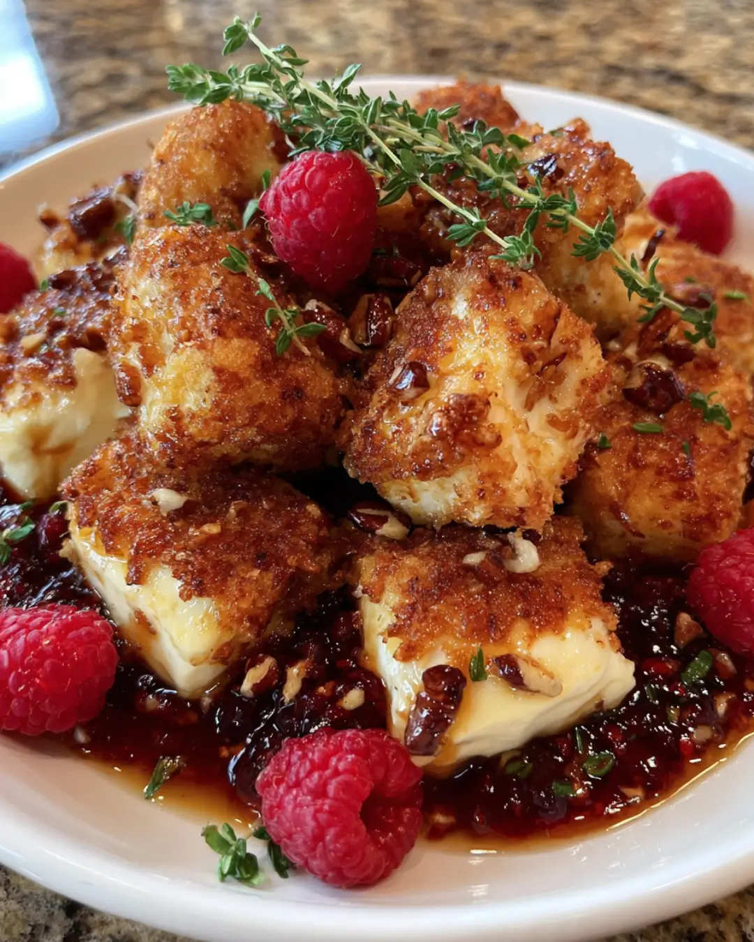 Pecan-Crusted Brie Bites with Raspberry Chili Honey Glaze