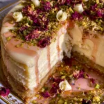 Pistachio Basbousa Cheesecake with Rose Syrup & White Chocolate