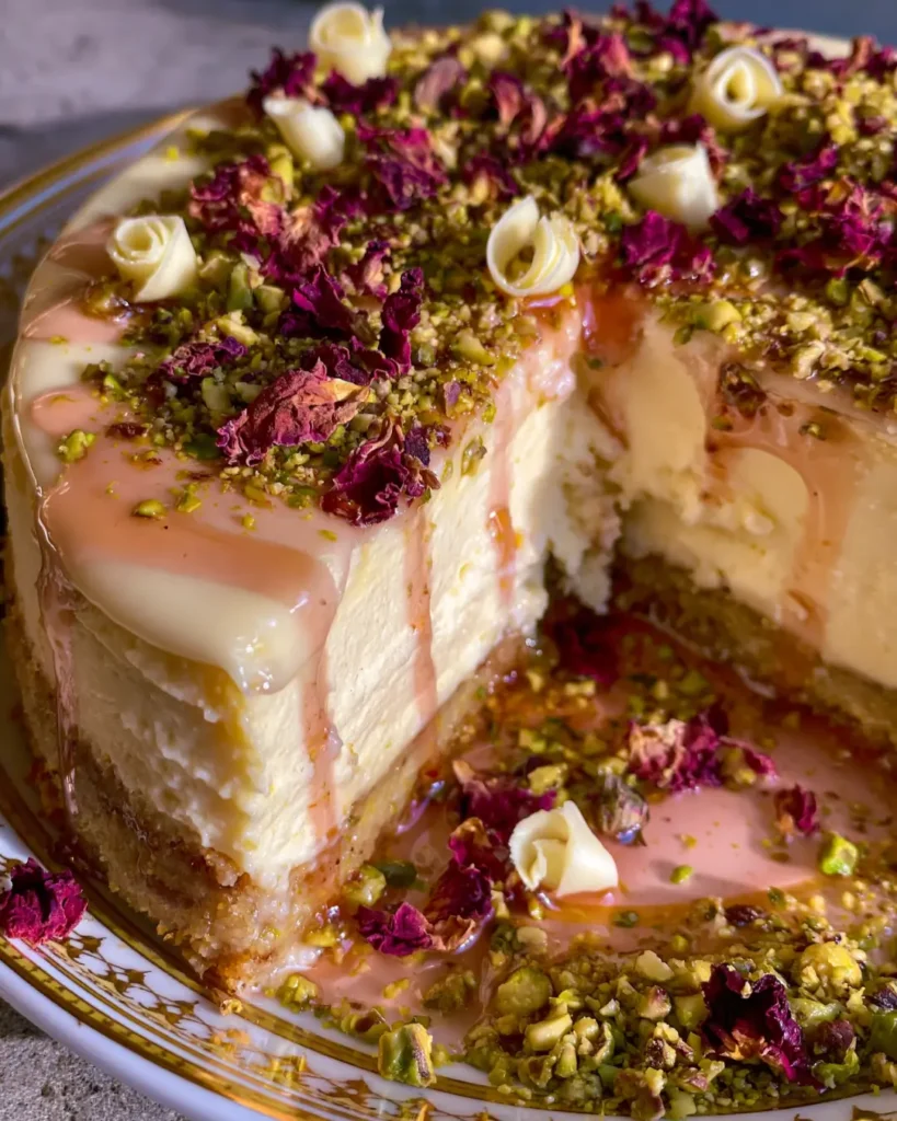 Pistachio Basbousa Cheesecake with Rose Syrup & White Chocolate