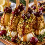 Pistachio-Crusted Pear Skewers with Whipped Brie & Cherry Honey