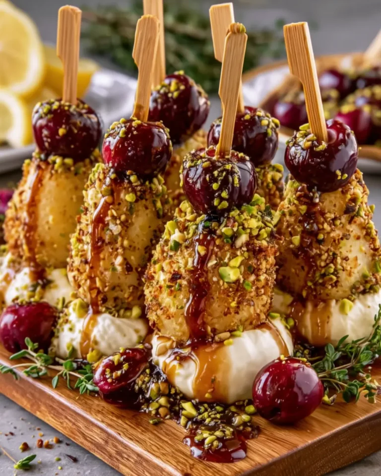 Pistachio-Crusted Pear Skewers with Whipped Brie & Cherry Honey