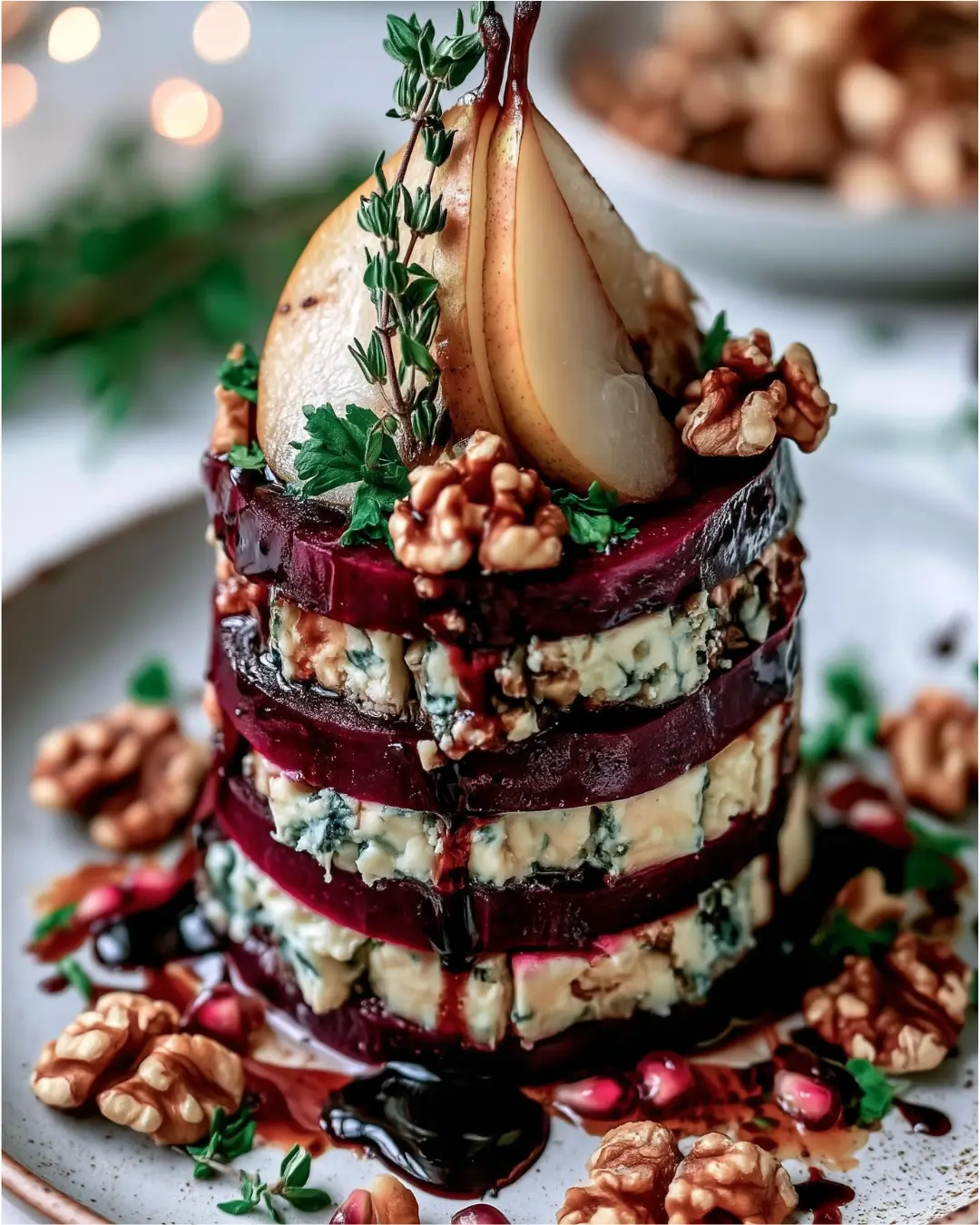 Roasted Beet Blue Cheese Towers with Pear & Balsamic Glaze