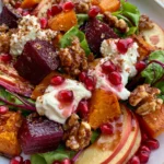 Roasted Beet, Pumpkin & Apple Salad with Whipped Feta, Pomegranate & Candied Walnuts