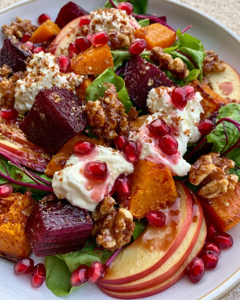 Roasted Beet, Pumpkin & Apple Salad with Whipped Feta, Pomegranate & Candied Walnuts