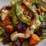 Roasted Beet, Sweet Potato & Avocado with Whipped Ricotta, Pistachios and Hot Honey