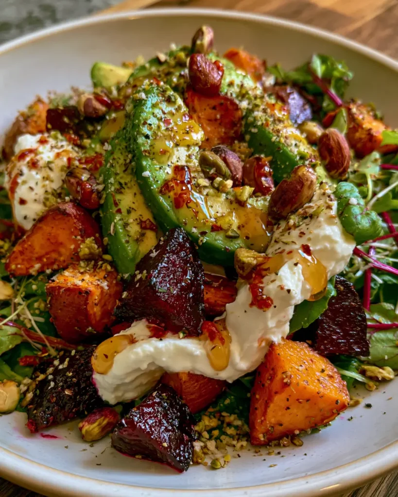Roasted Beet, Sweet Potato & Avocado with Whipped Ricotta, Pistachios and Hot Honey