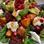 Roasted Beet & Sweet Potato Avocado Salad with Whipped Feta, Pomegranate & Hot Honey