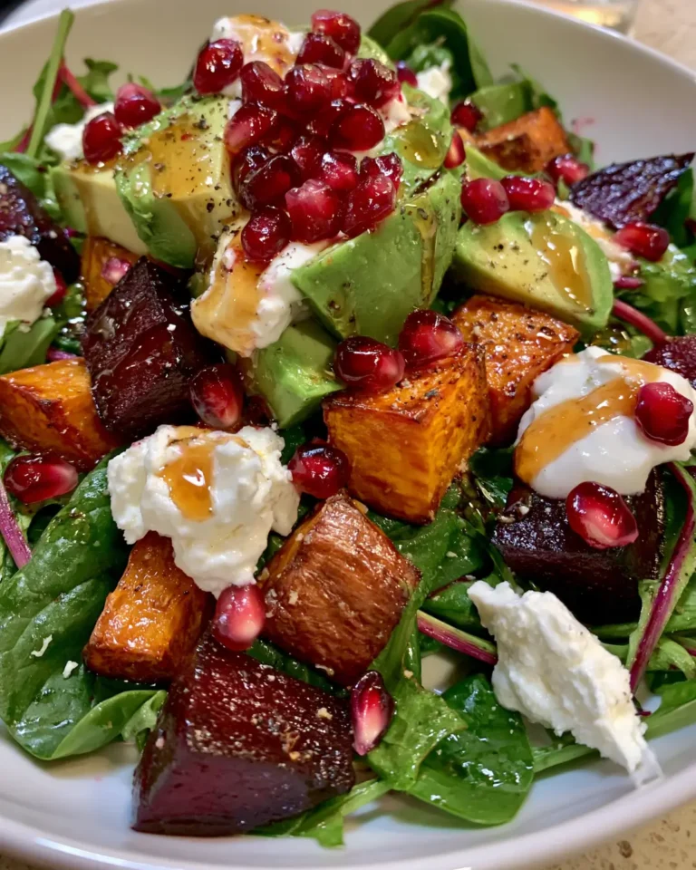 Roasted Beet & Sweet Potato Avocado Salad with Whipped Feta, Pomegranate & Hot Honey