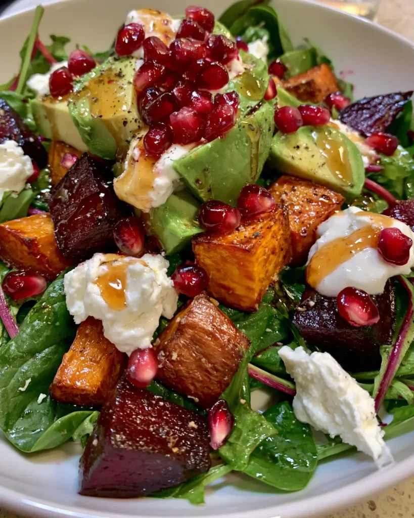 Roasted Beet & Sweet Potato Avocado Salad with Whipped Feta, Pomegranate & Hot Honey
