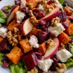 Roasted Beet & Sweet Potato Salad with Apple, Goat Cheese, Cranberries & Maple Walnuts