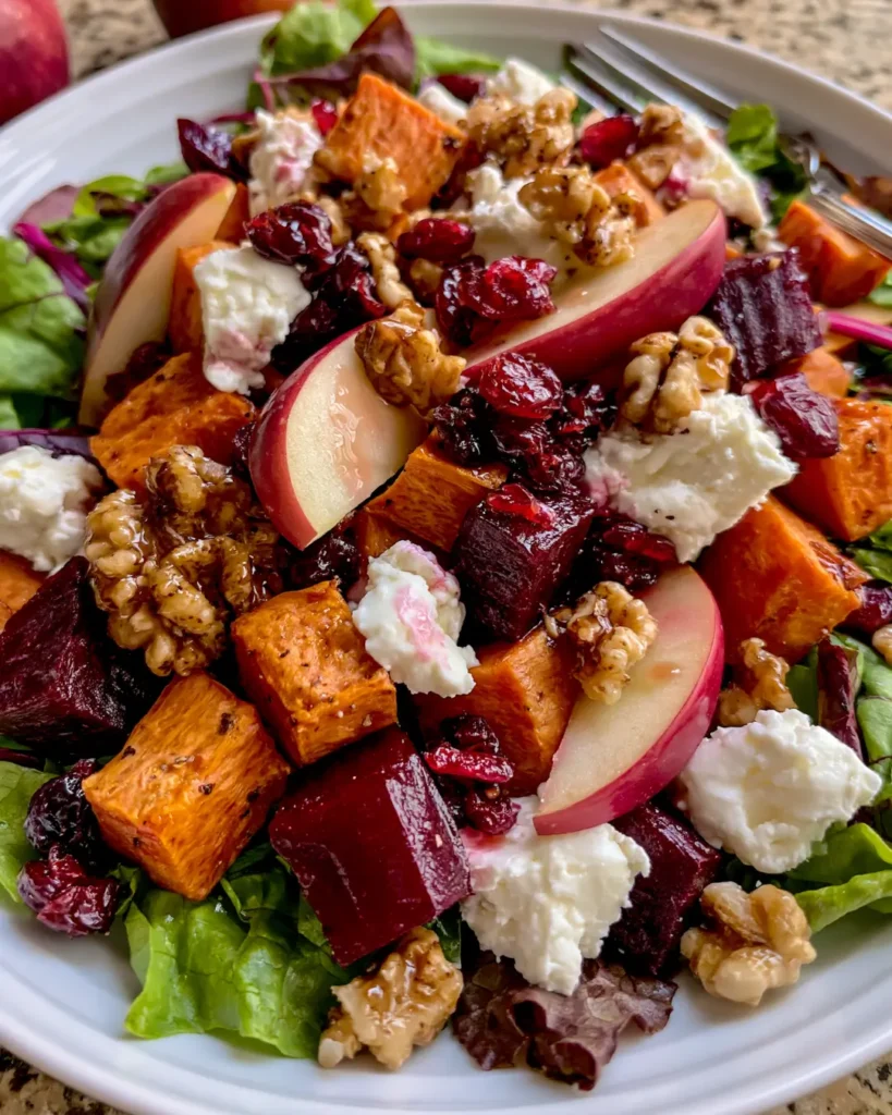 Roasted Beet & Sweet Potato Salad with Apple, Goat Cheese, Cranberries & Maple Walnuts