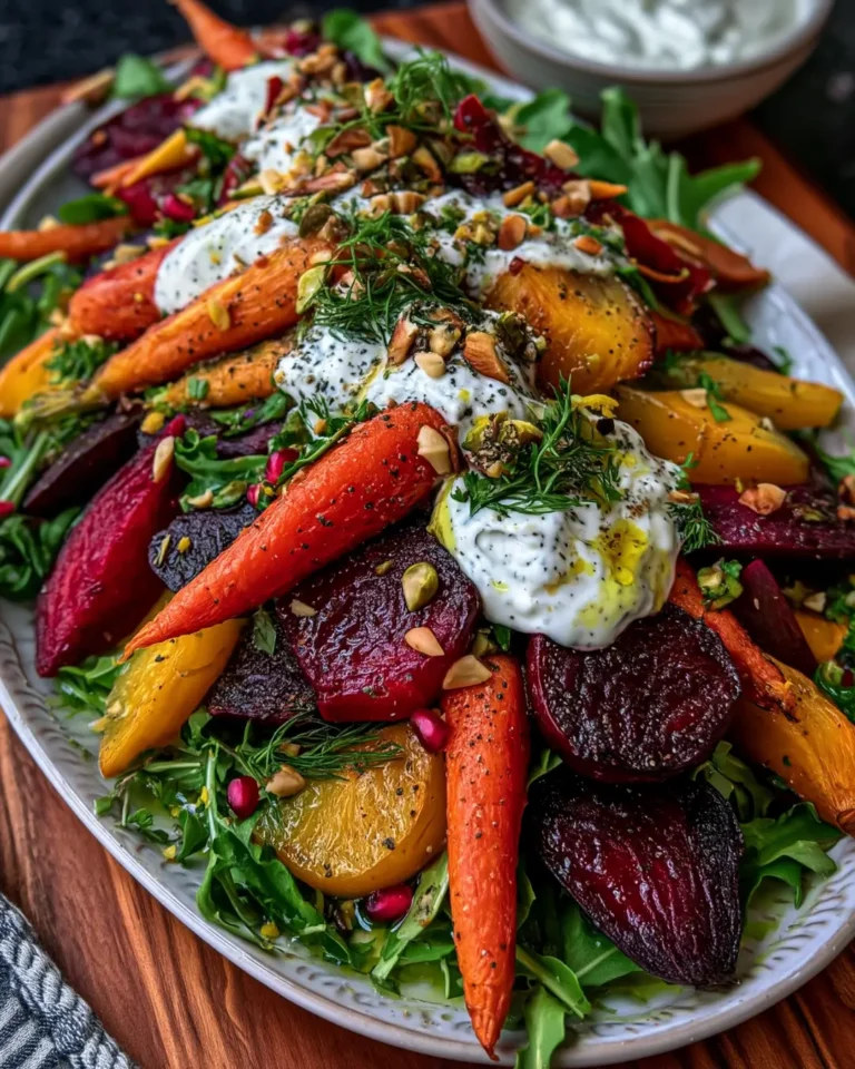 Roasted Beet and Carrot Salad with Feta and Garlic Yogurt Sauce