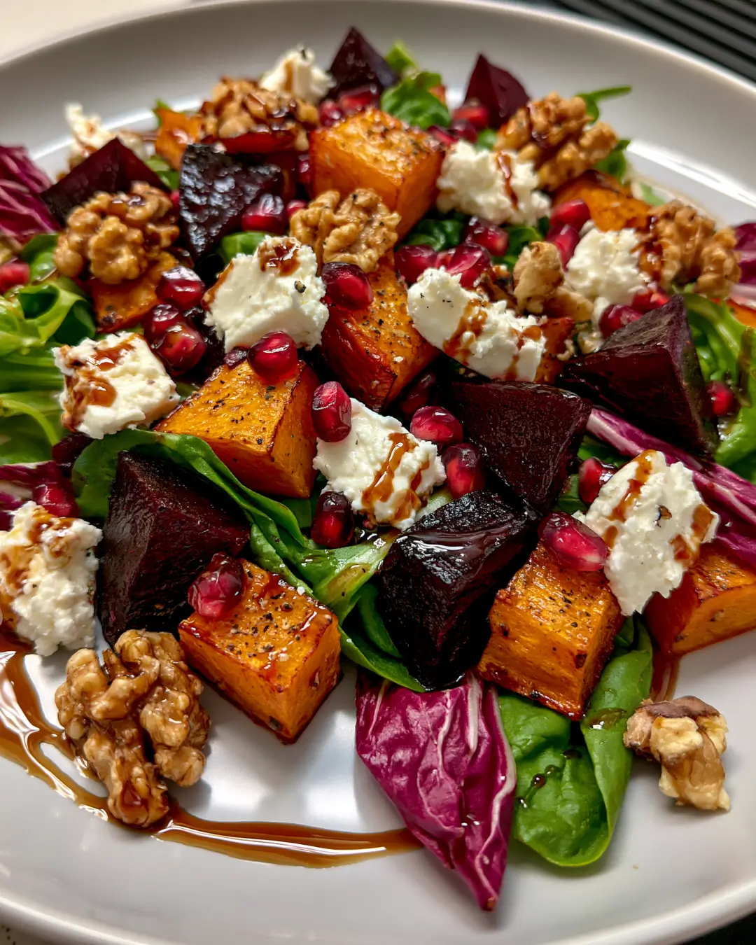 Roasted Beetroot & Pumpkin Salad with Feta, Pomegranate, Walnuts & Honey Balsamic