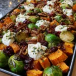 Roasted Brussels Sprouts & Sweet Potato Tray Bake with Burrata, Pecans & Cranberries