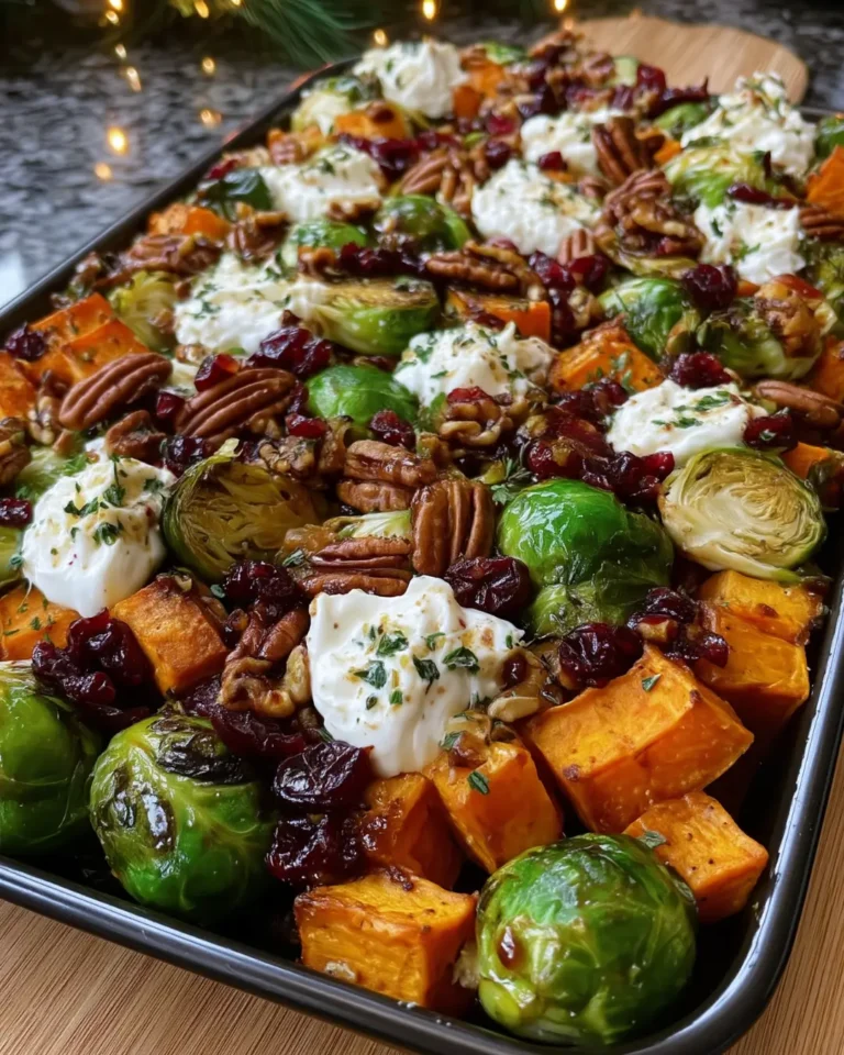 Roasted Brussels Sprouts & Sweet Potato Tray Bake with Burrata, Pecans & Cranberries