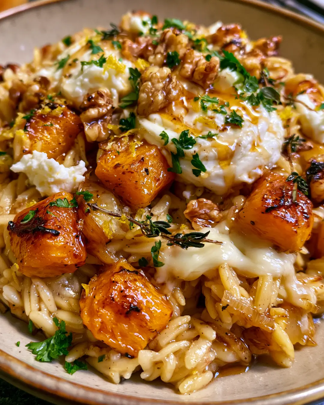 Roasted Butternut Apple Orzo with Goat Cheese