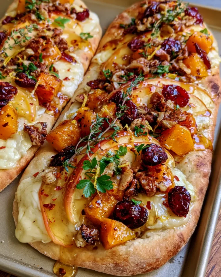 Roasted Butternut Squash & Apple Flatbread with Brie, Cranberries, Pecans & Hot Honey