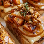 Roasted Butternut Squash Bruschetta with Brie, Pear, Walnuts & Hot Honey
