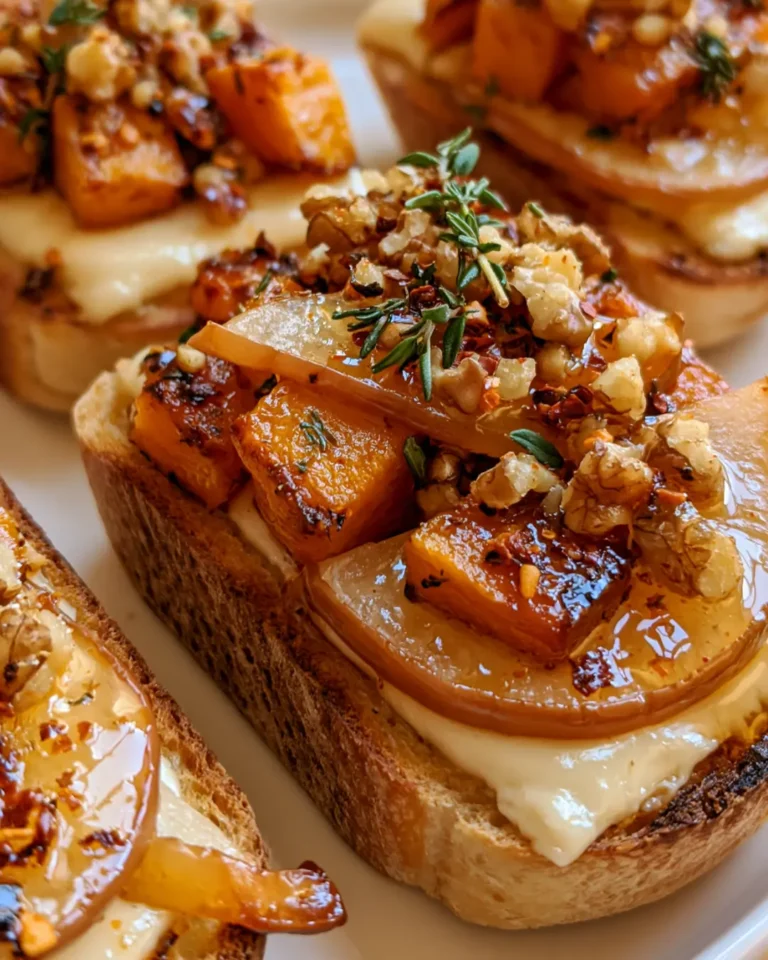 Roasted Butternut Squash Bruschetta with Brie, Pear, Walnuts & Hot Honey