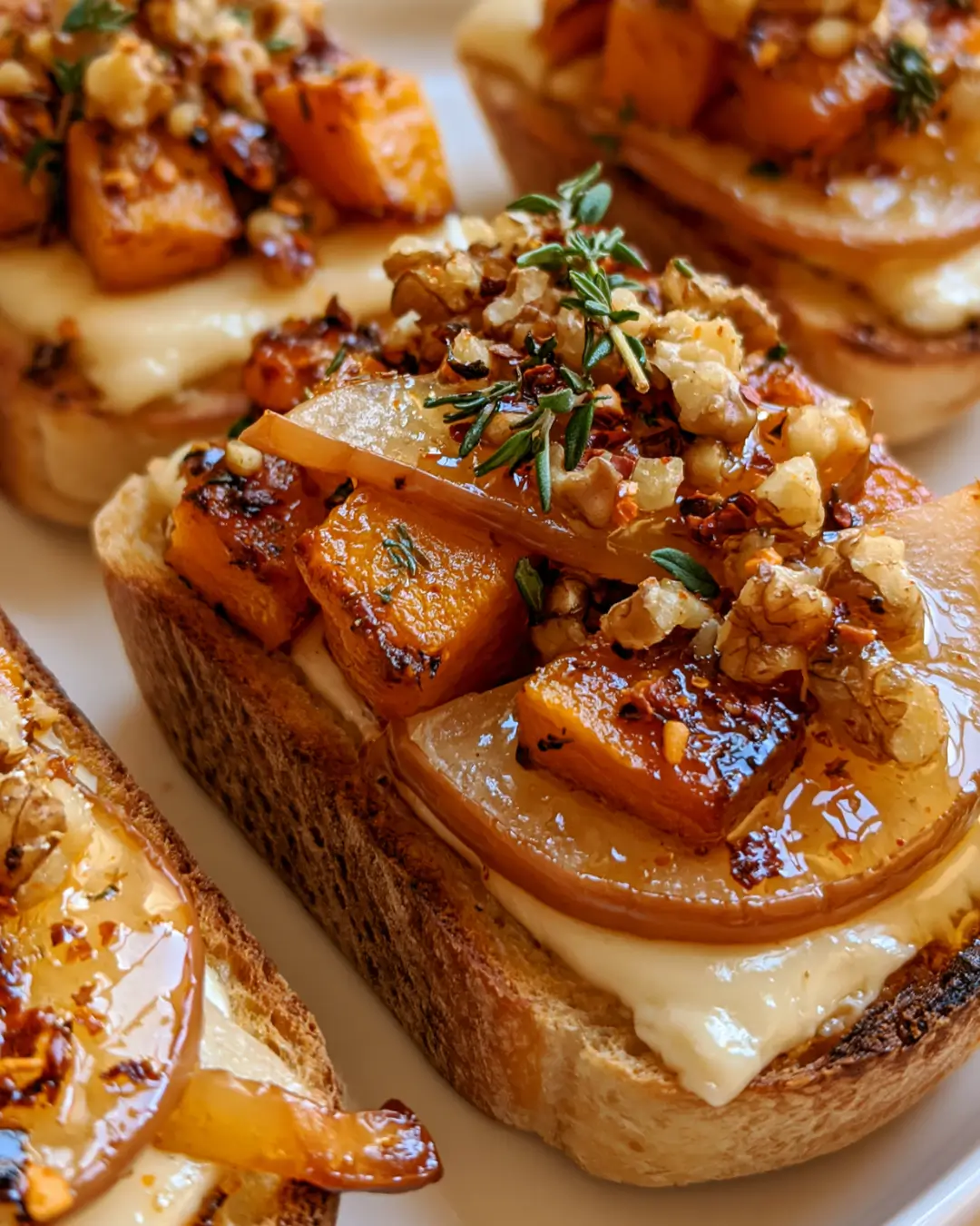 Roasted Butternut Squash Bruschetta with Brie, Pear, Walnuts & Hot Honey