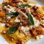 Roasted Butternut Squash Ravioli with Crispy Sage, Burrata, Pecans & Hot Honey