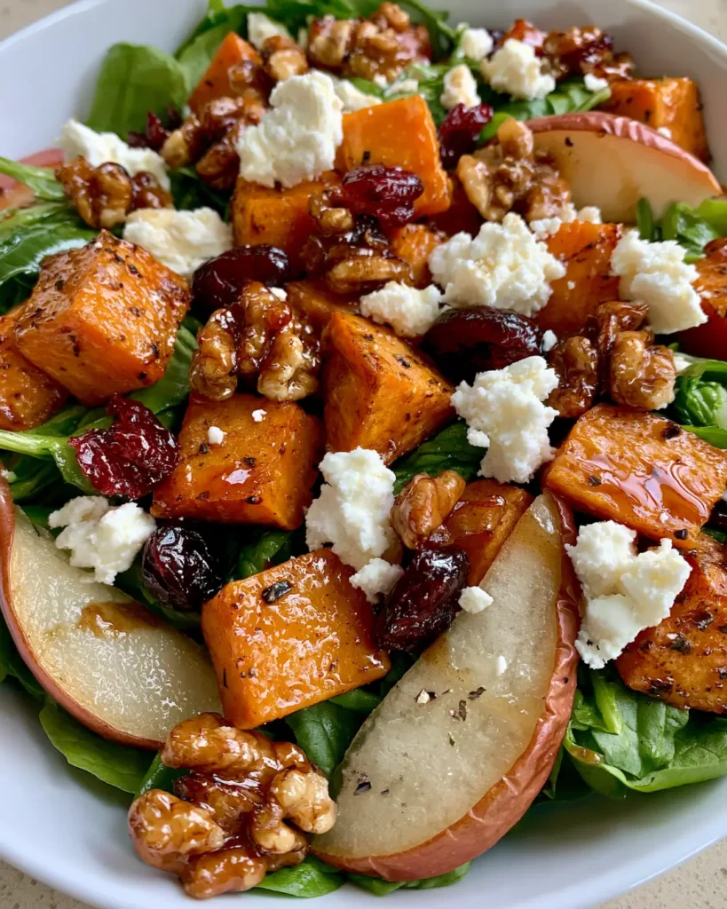 Roasted Butternut Squash & Sweet Potato Salad with Feta, Pear, Cranberries & Candied Walnuts